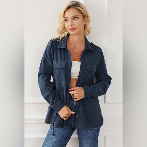 Geometric Button Up Drawstring Collared Neck Jacket - Picture 5 of 5